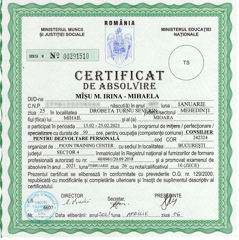 Irina Misu consilier pentru dezvoltare personala diploma